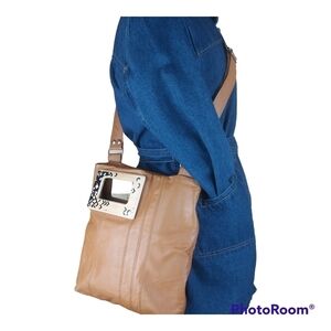 VEINAGE tan cognac leather crossbody purse bag satchel plaid lining wood handle